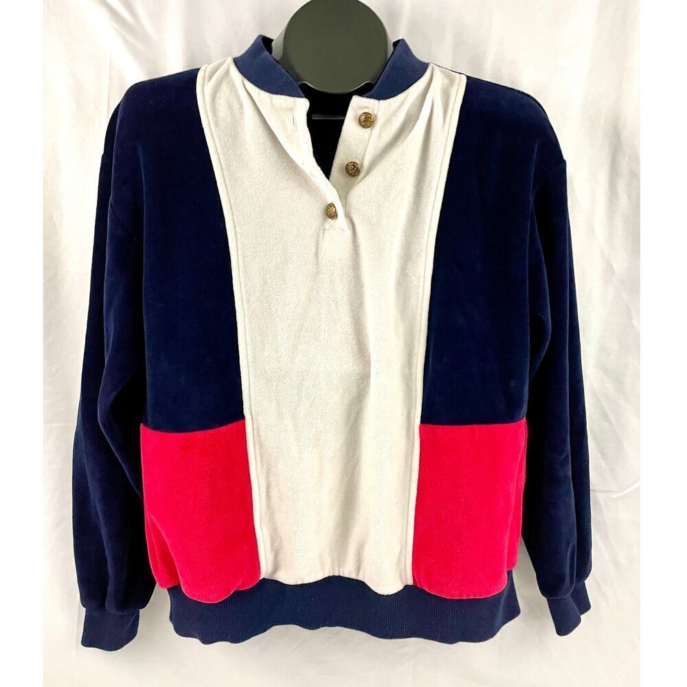 VTG Aileen Medium Blue Red White Top Blouse Classic USA Colorblock‎